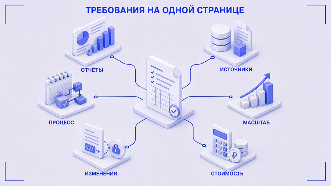 Шесть групп требований к программе управленческого учёта на одной странице.