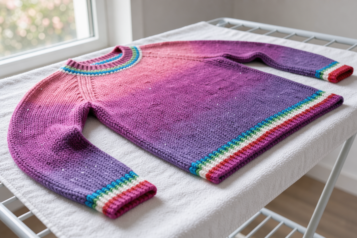Flat drying setup: reshaped sweater laid on a towel on a drying rack indoors, natural light, close-up on knit fibers