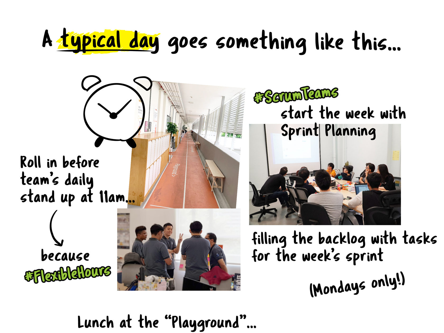 A typical day starts at 11am for my team’s daily stand up (because flexible hours!) And working in a #ScrumTeam, we start the week on Mondays with Sprint Planning to fill our backlog with tasks for the week’s sprint.