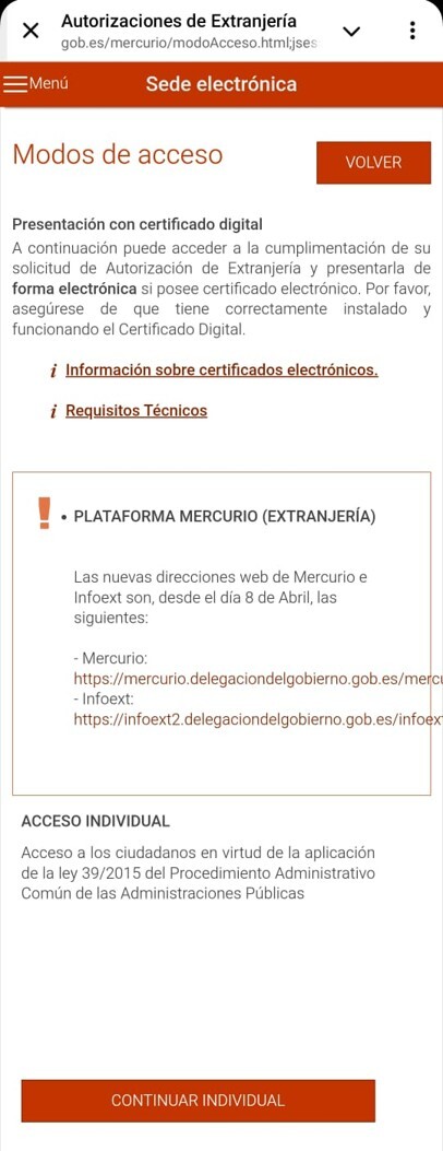 Modos de acceso — Continuar Individual