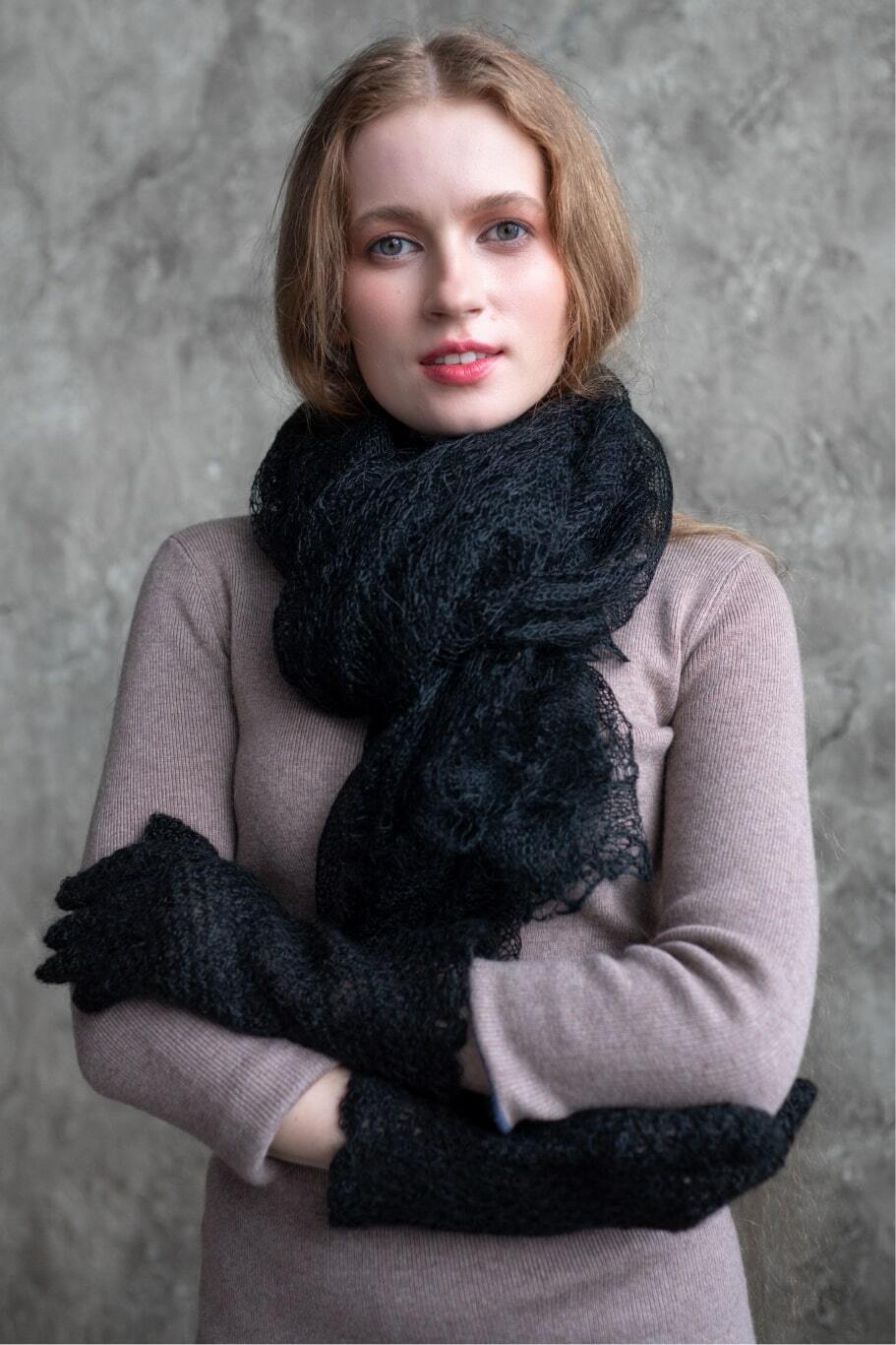 Перчатки пуховые Ажурные чёрного цвета - Состав: козий пух, вискозный ...