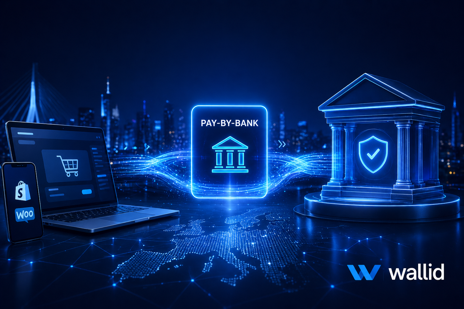 Futuristische visualisatie van pay-by-bank betalingen in Nederland met Shopify en WooCommerce webshop, bankintegratie en veilige open banking infrastructuur