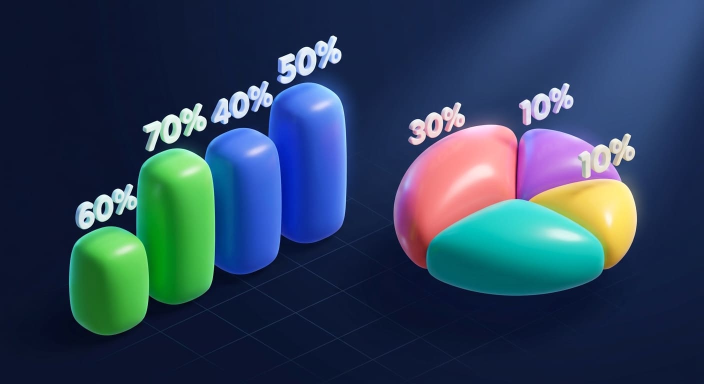 3D-иллюстрация дашборда с метриками в виде объёмных надутых графиков и