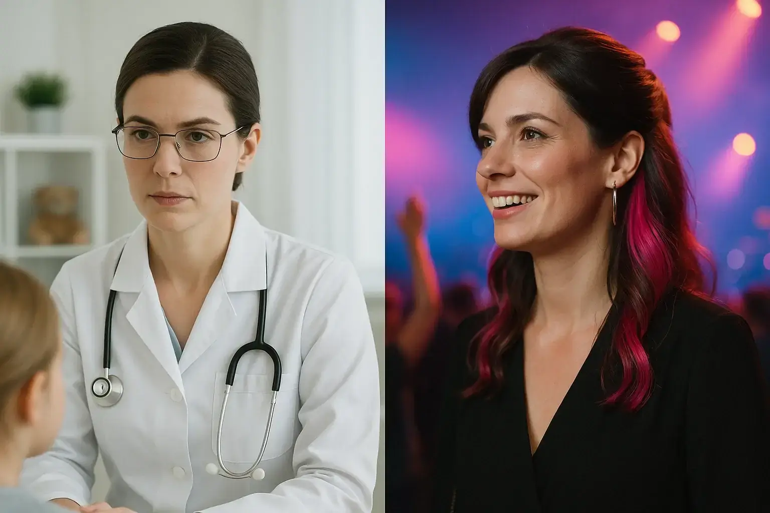 Скрытое окрашивание: строгий медицинский образ и яркий вечерний стиль с розовыми прядями