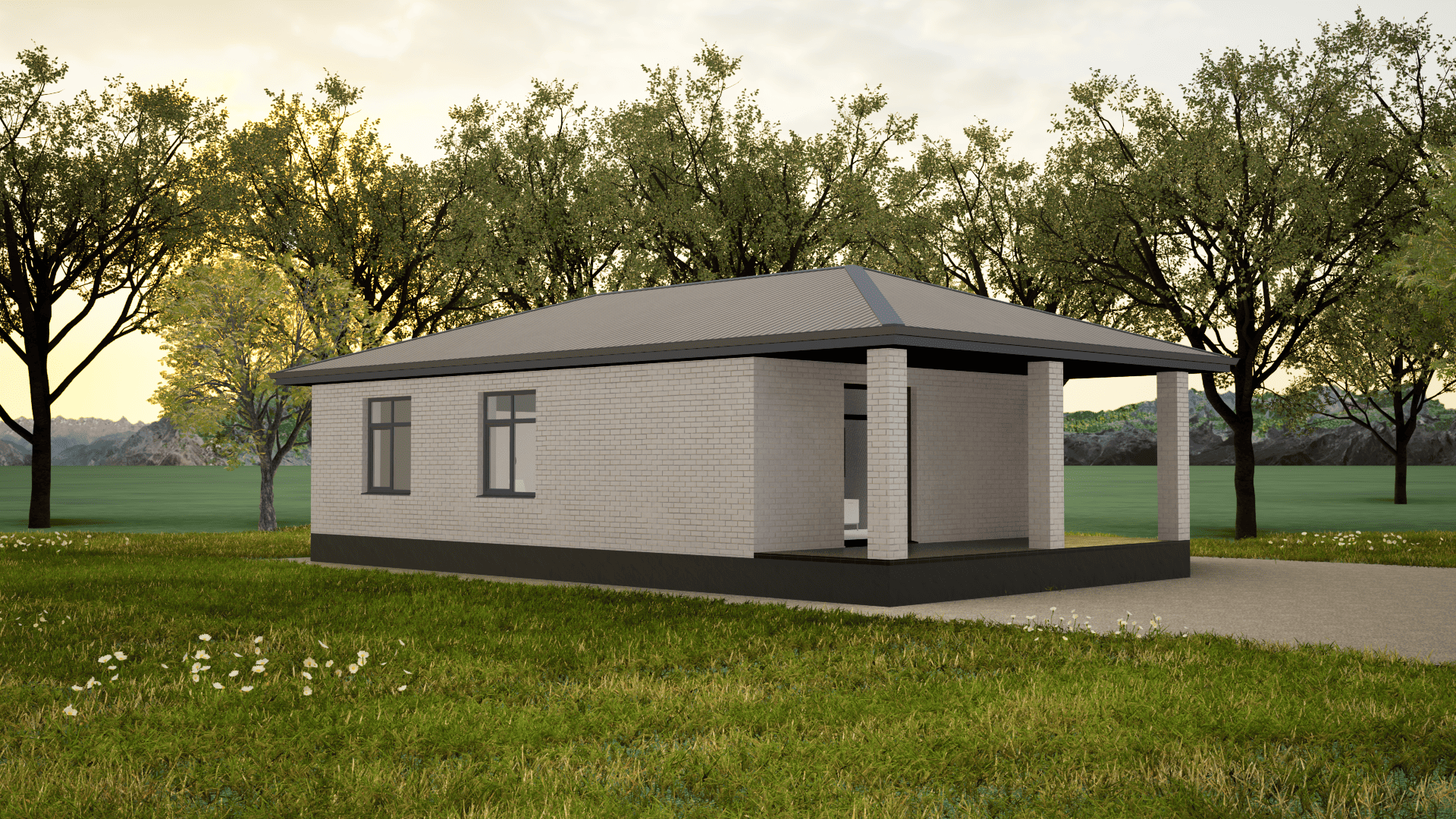 Одноэтажный дом в Ставрополе из белого силикатного кирпича с большой крытой террасой и темной кровлей цвета серый графит