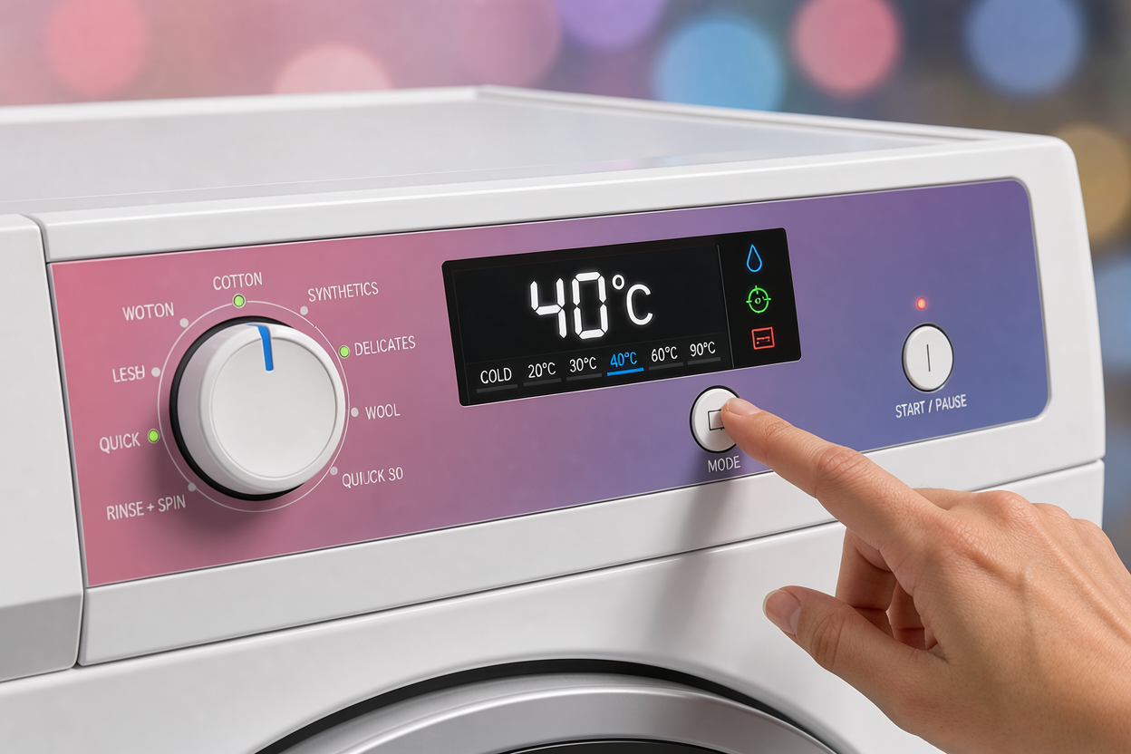 Close-up of a washing machine control panel showing multiple wash program options and temperature settings, hand selecting a mode