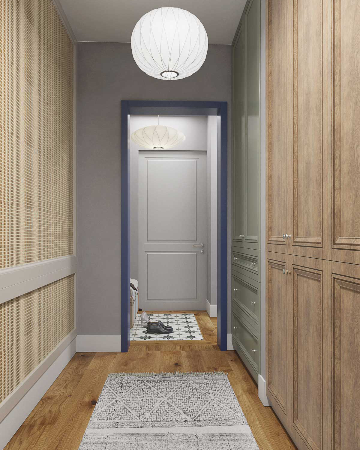 Коридор и прихожая в квартире. Деревенский стиль. Серая входная дверь