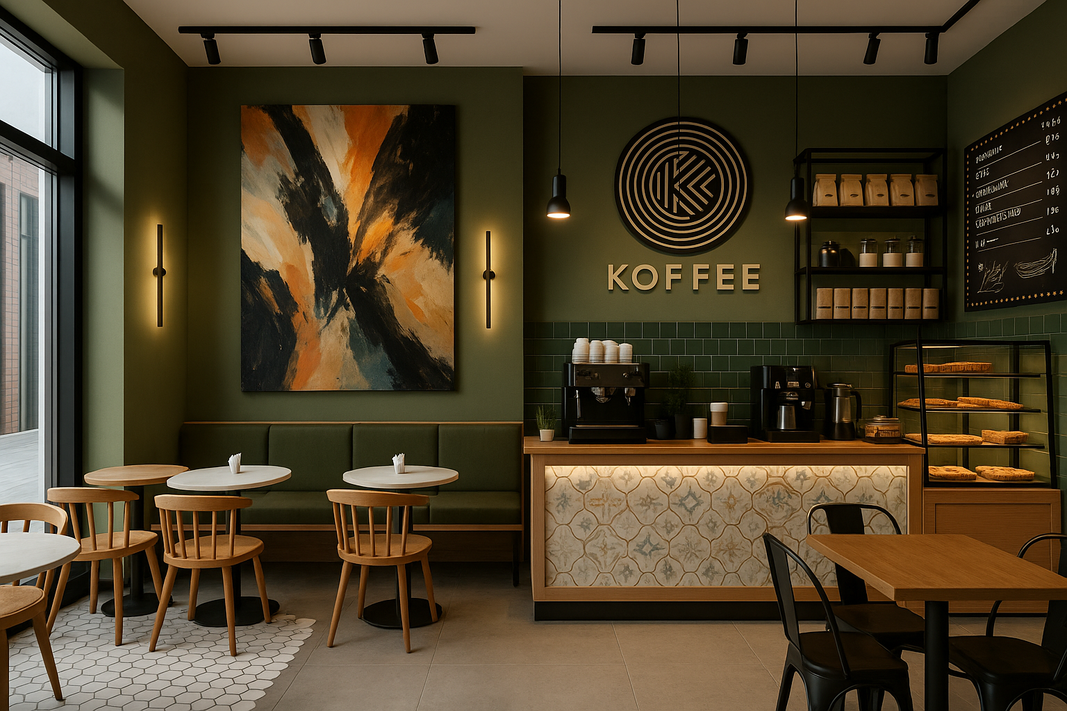 Дизайн интерьера кофейни KOFFEE — современный оливковый минимализм ...