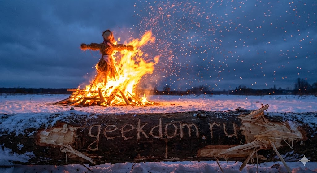 Костер с чучелом Масленицы в снежном поле