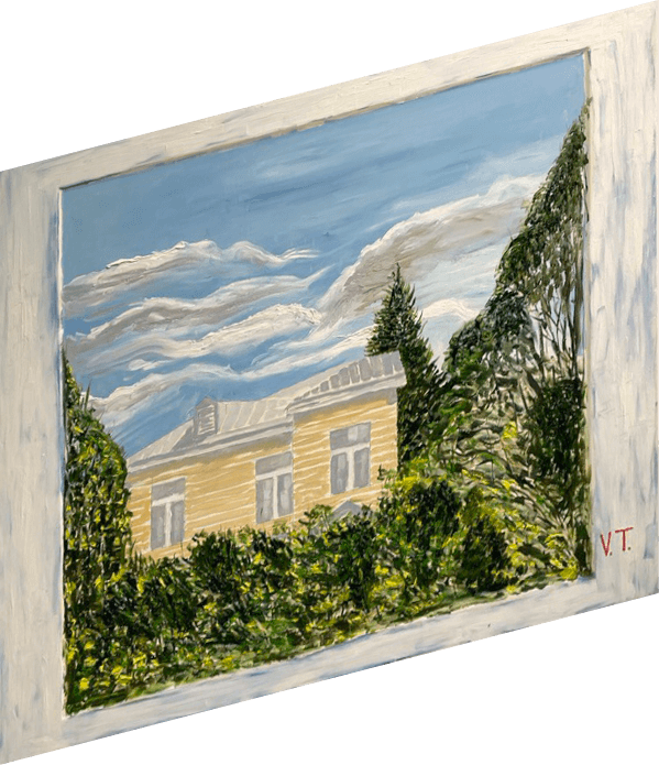 Картина Владимира Толкачева с изображением вида из окна в сад
