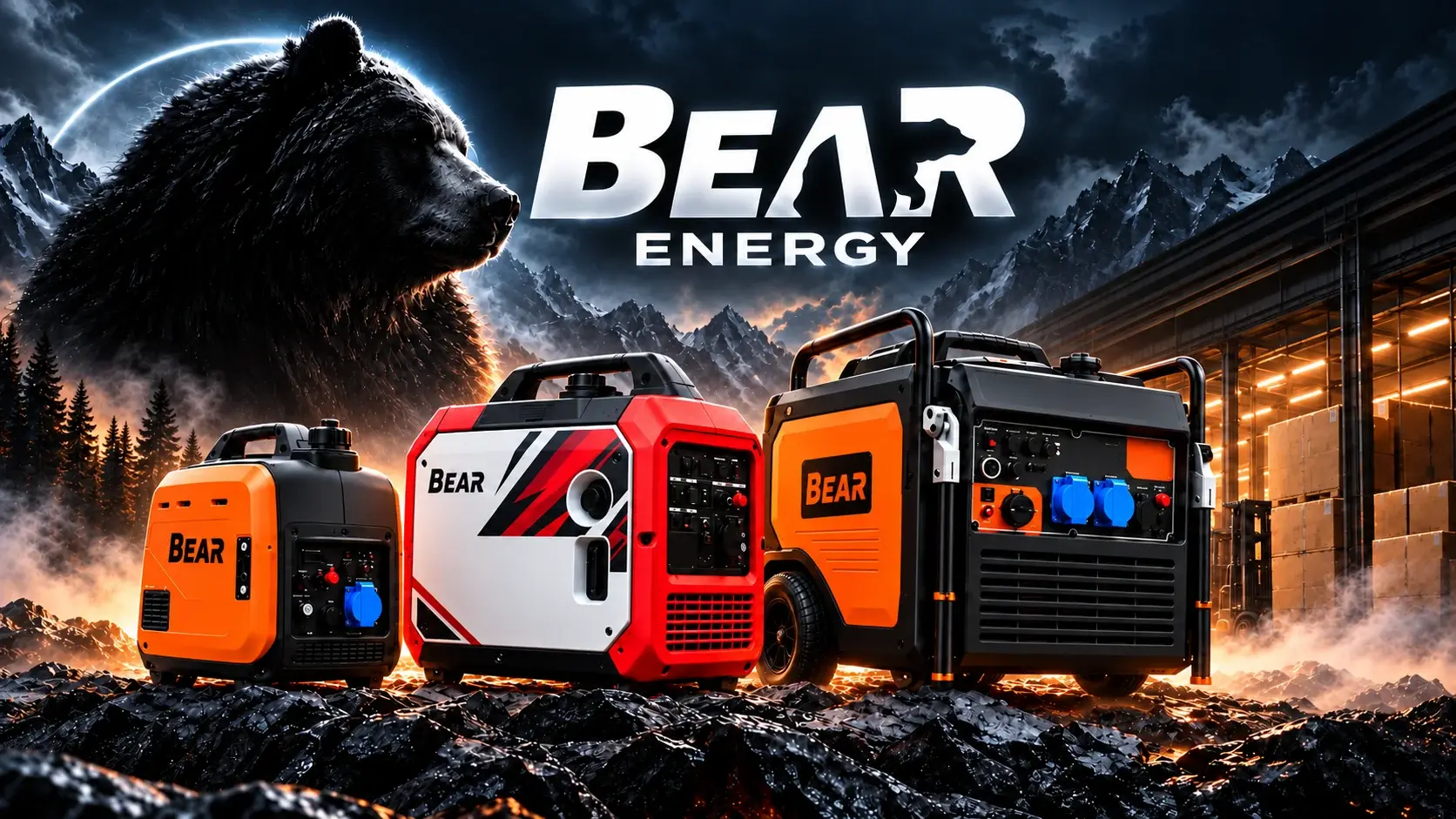 Генераторы BEAR Energy на фоне гор, медведя и склада