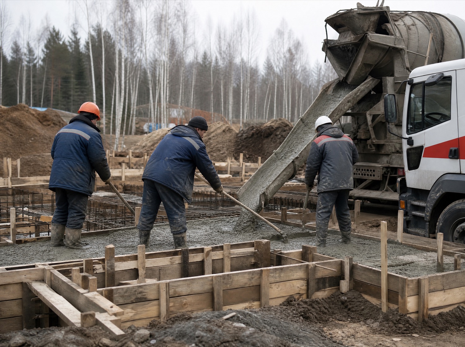 Заливка бетона в опалубку фундамента