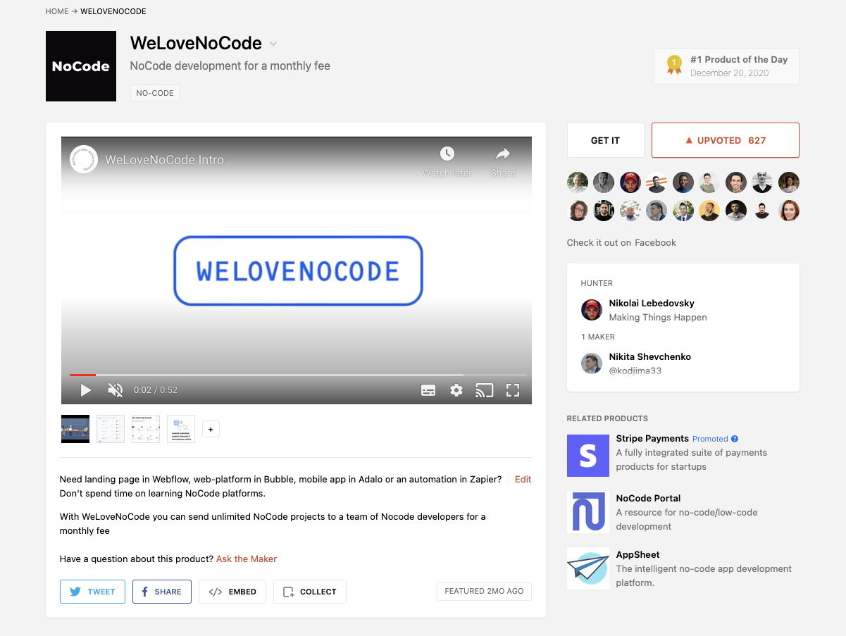 WeLoveNoCode Product Hunt