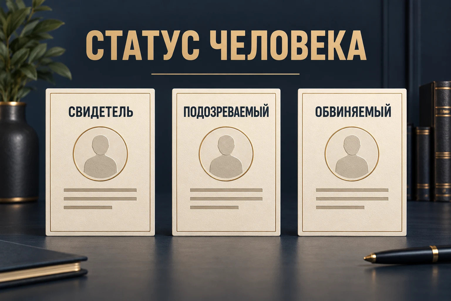 Три нейтральные карточки процессуальных статусов: свидетель, подозреваемый и обвиняемый, без стрелок обязательного перехода