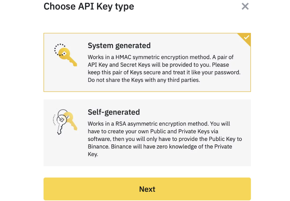 Binance API Key type selection