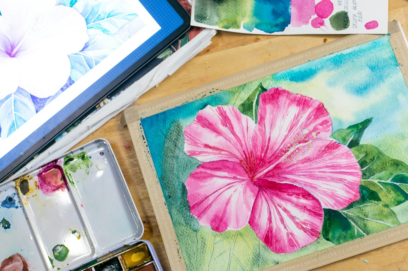 Botanical ink artwork with tropical flowers
