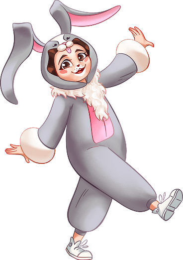 An illustration of a girl dressed as a cute gray bunny for a children's play