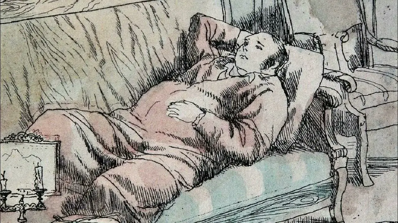 Иллюстрация Обломовщины, русский дворянин лежит на диване, Обломов, история беззаботности в России.