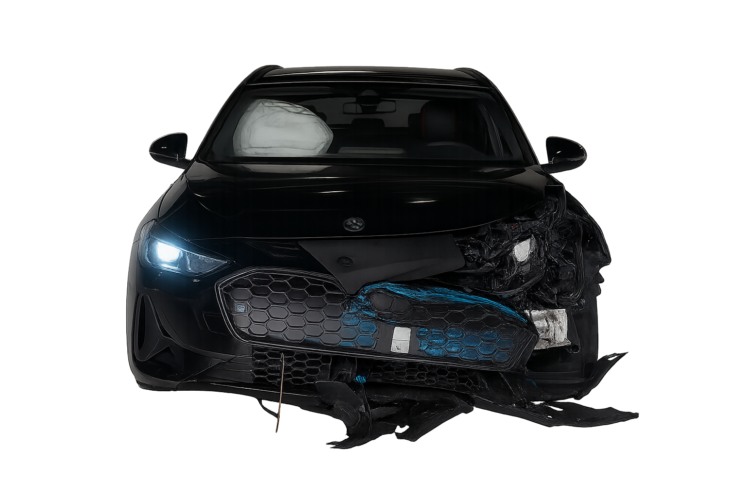 Изображение разбитого автомобиля Audi A5 Avant с логотипом Euro NCAP, символизирующее процесс краш-теста