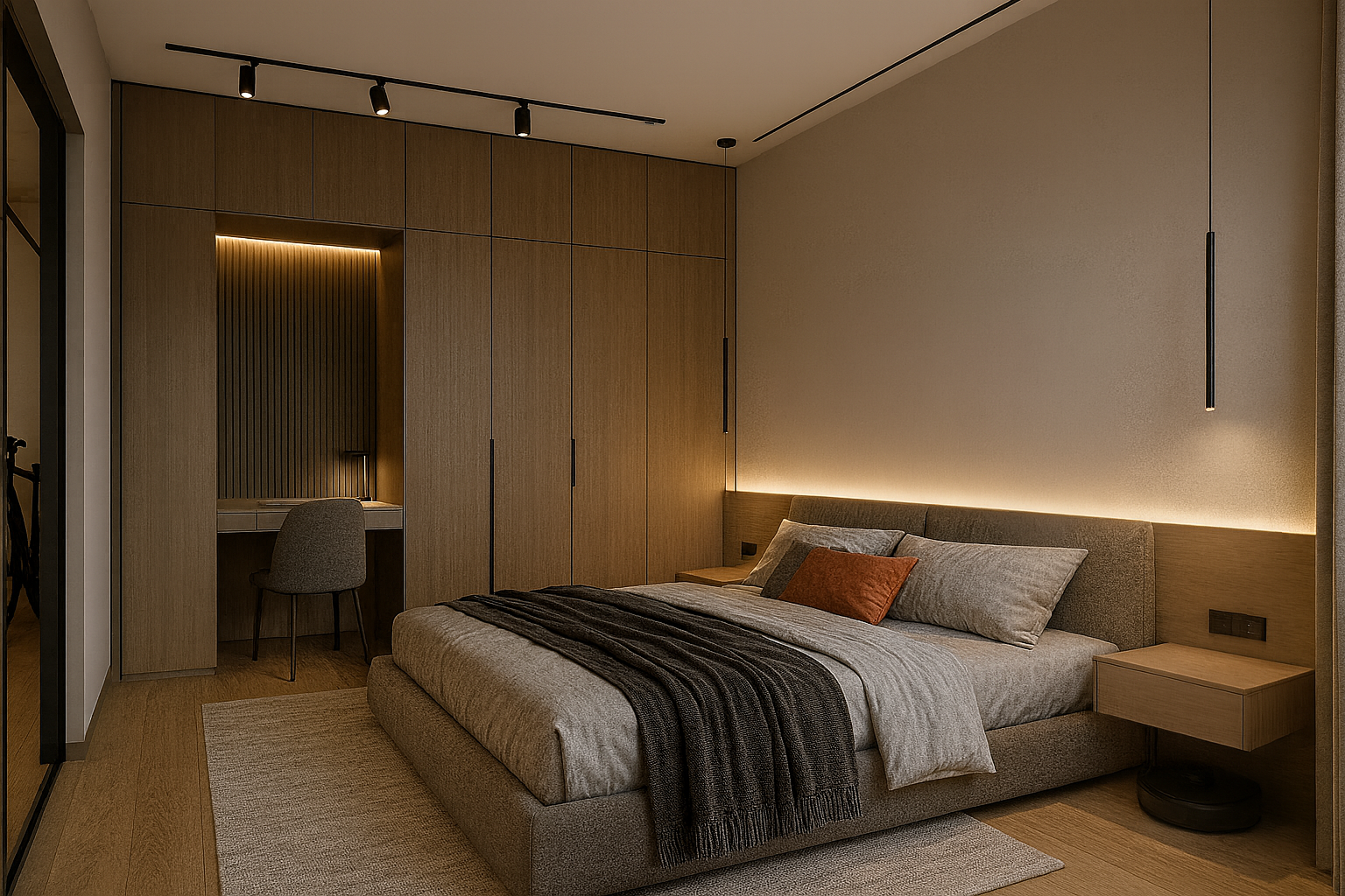 Современная холостяцкая спальня: кровать 160×200 с мягким изголовьем и LED-подсветкой, встроенный шкаф до потолка, рабочая ниша с акустическими рейками, трековый свет и подвесы, шторы из потолка; на полу дерево, у тумбы база робота-пылесоса