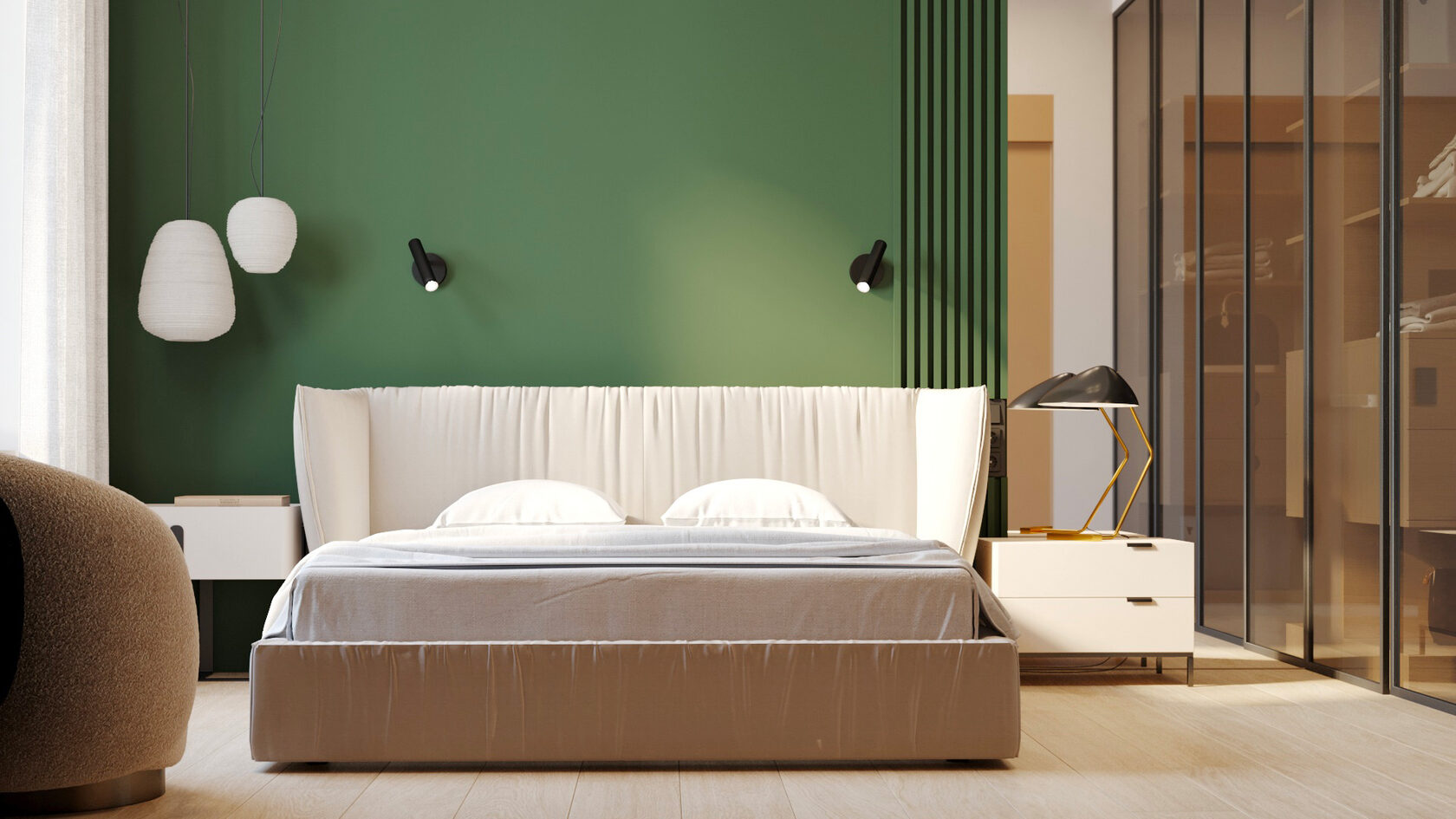 Chambre lumineuse avec dressing derrière des portes vitrées dans un appartement optimisé pour un petit salon