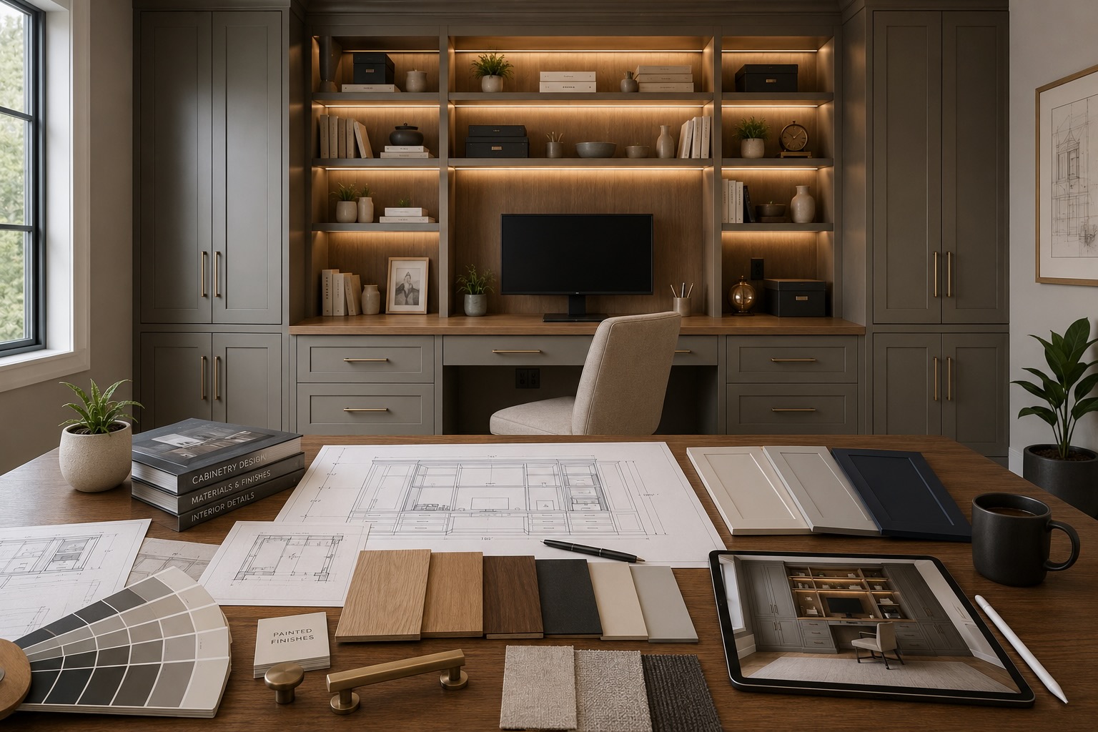 Home office design workspace with architectural drawings, cabinet door samples, wood finishes, hardware, material selections, and completed built-in office in the background.