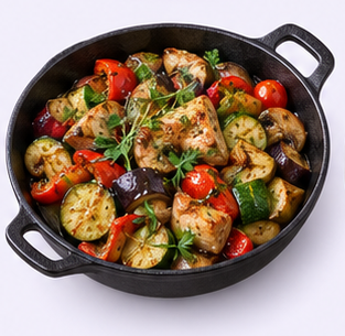 Иллюстрация: Сковородка с курицей и овощами