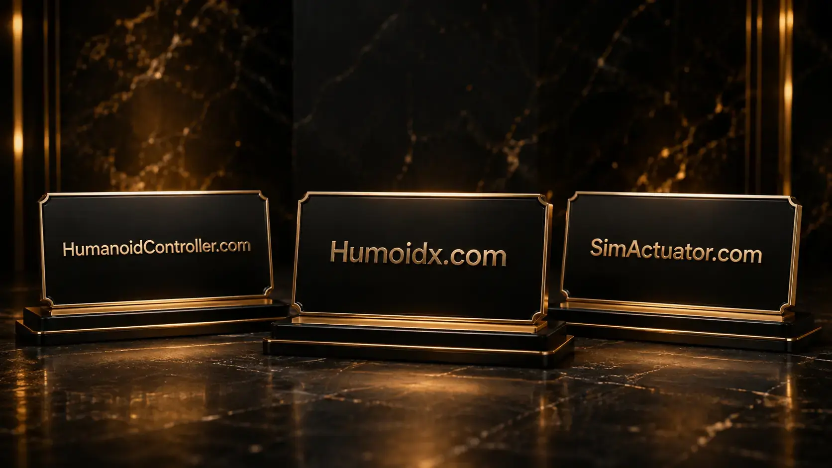 Premium robotics domain names showcase featuring HumanoidController.com, Humoidx.com, and SimActuator.com on elegant black marble plaques with golden lighting.