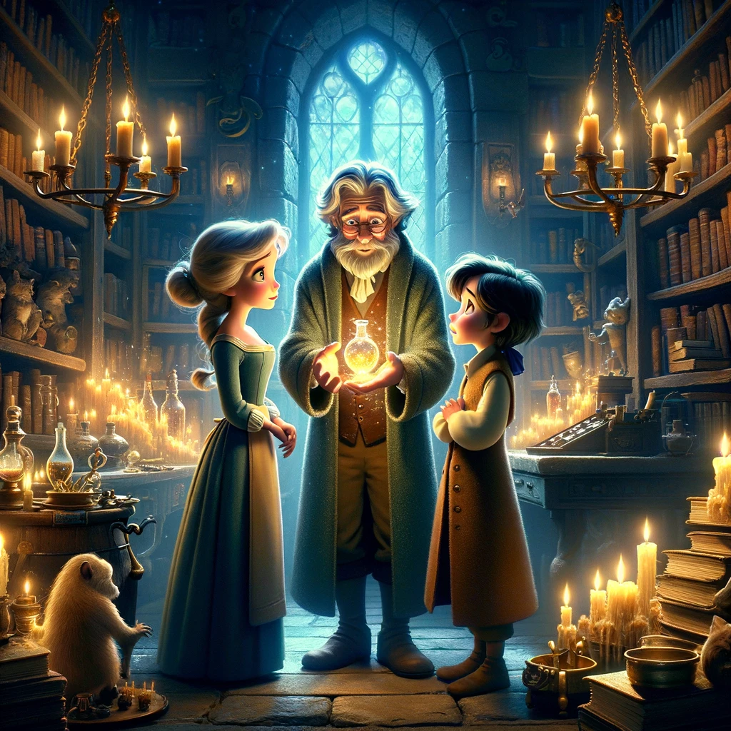 A whimsical, enchanting scene in an ancient tower's room filled with books and alchemical tools, illuminated by candlelight, reminiscent of the animation style of 'Beauty and the Beast'. Three characters, representing Polly, Ester, and Glyc, stand in awe as an elderly, wise alchemist with gray hair and insightful eyes hands them a shimmering flask of wisdom potion. The atmosphere is filled with anticipation and the magic of discovery, capturing a moment of mystical exchange and hopeful enlightenment, in a setting that evokes a sense of old-world fairy tales.