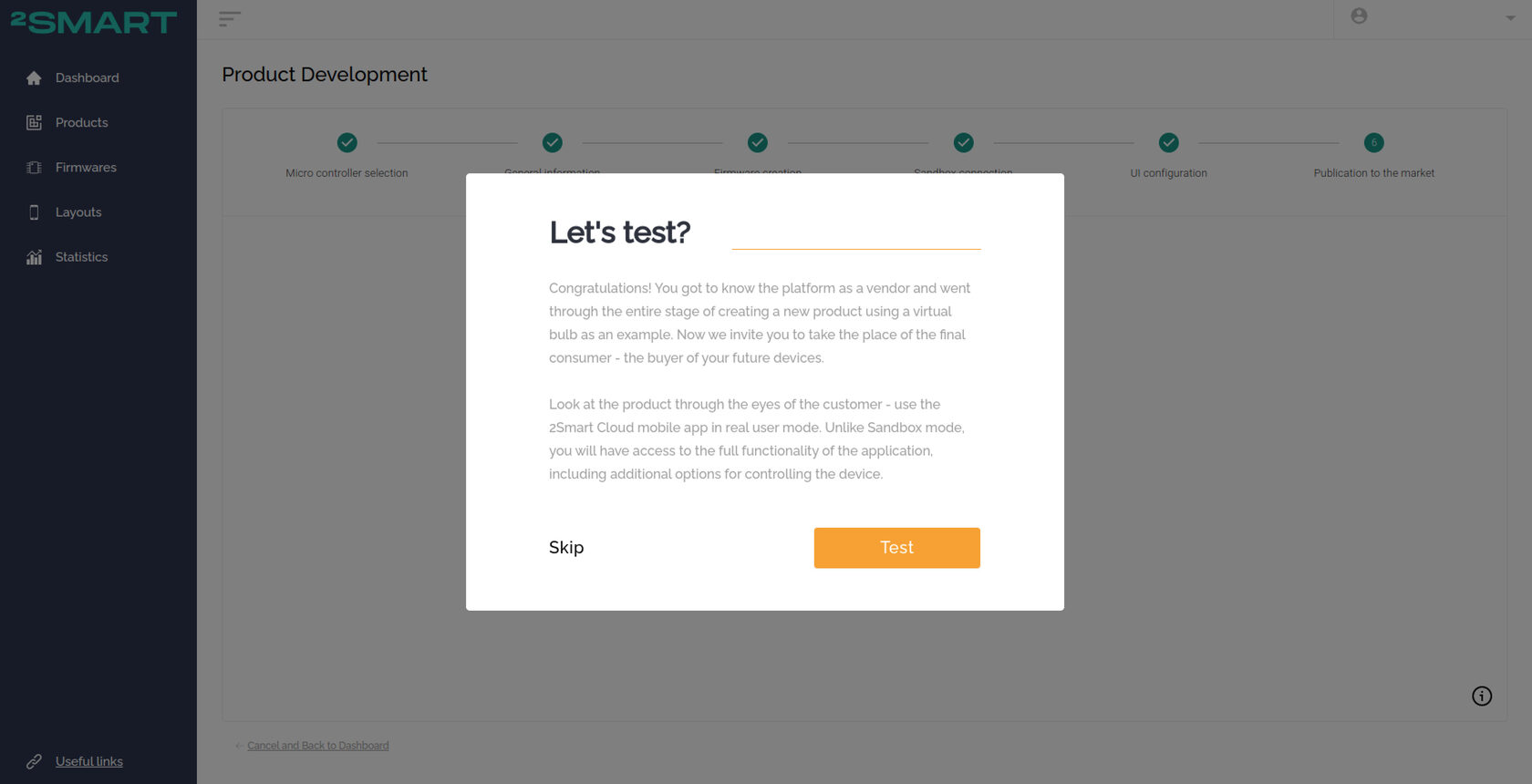 The screen to test the device control from the mobile app