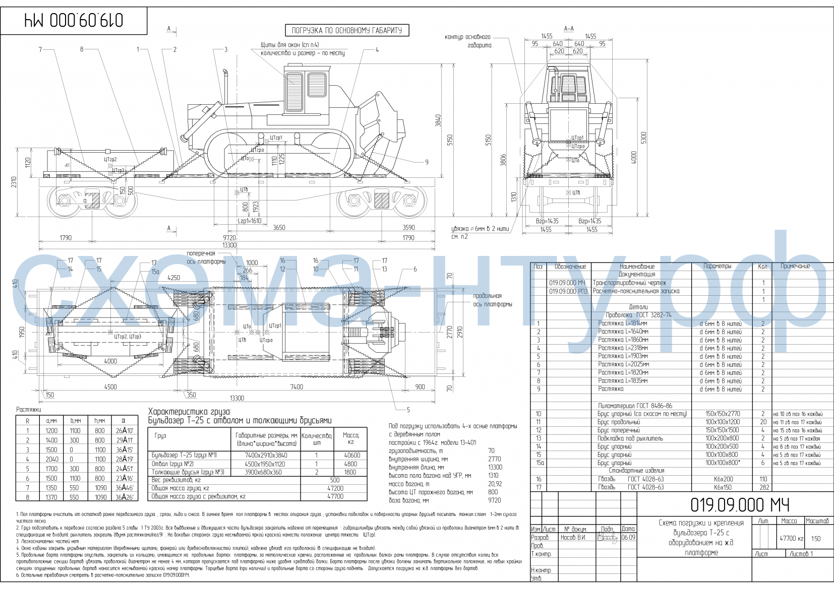 Чертеж НТУ погрузки бульдозера на платформе