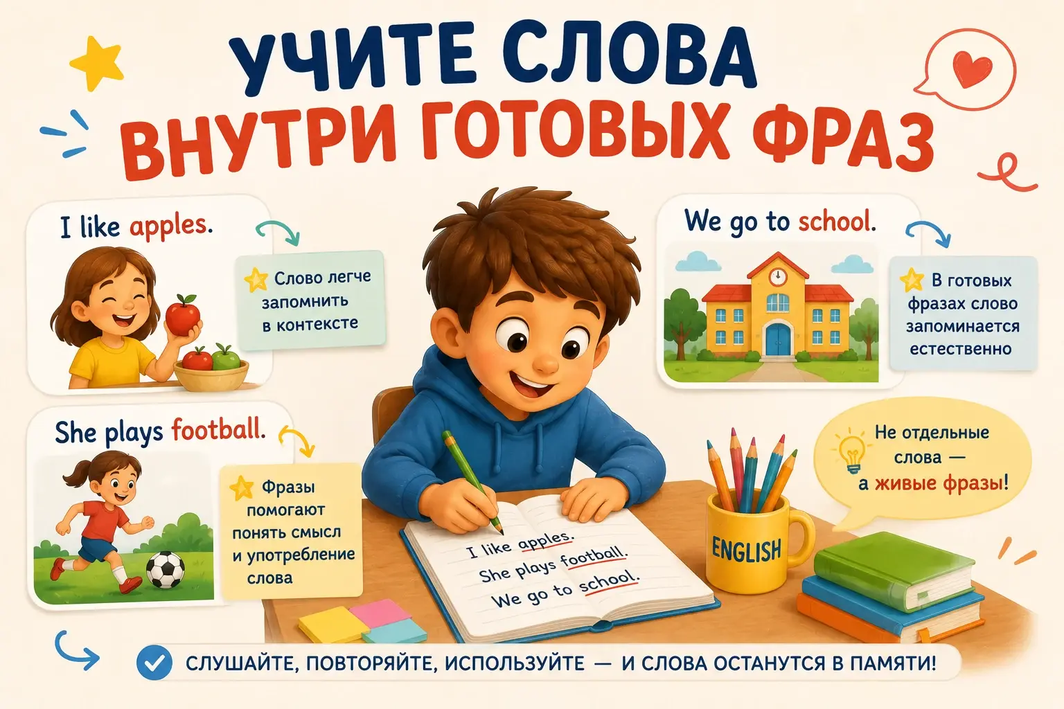 Готовые фразы помогают запоминать английские слова