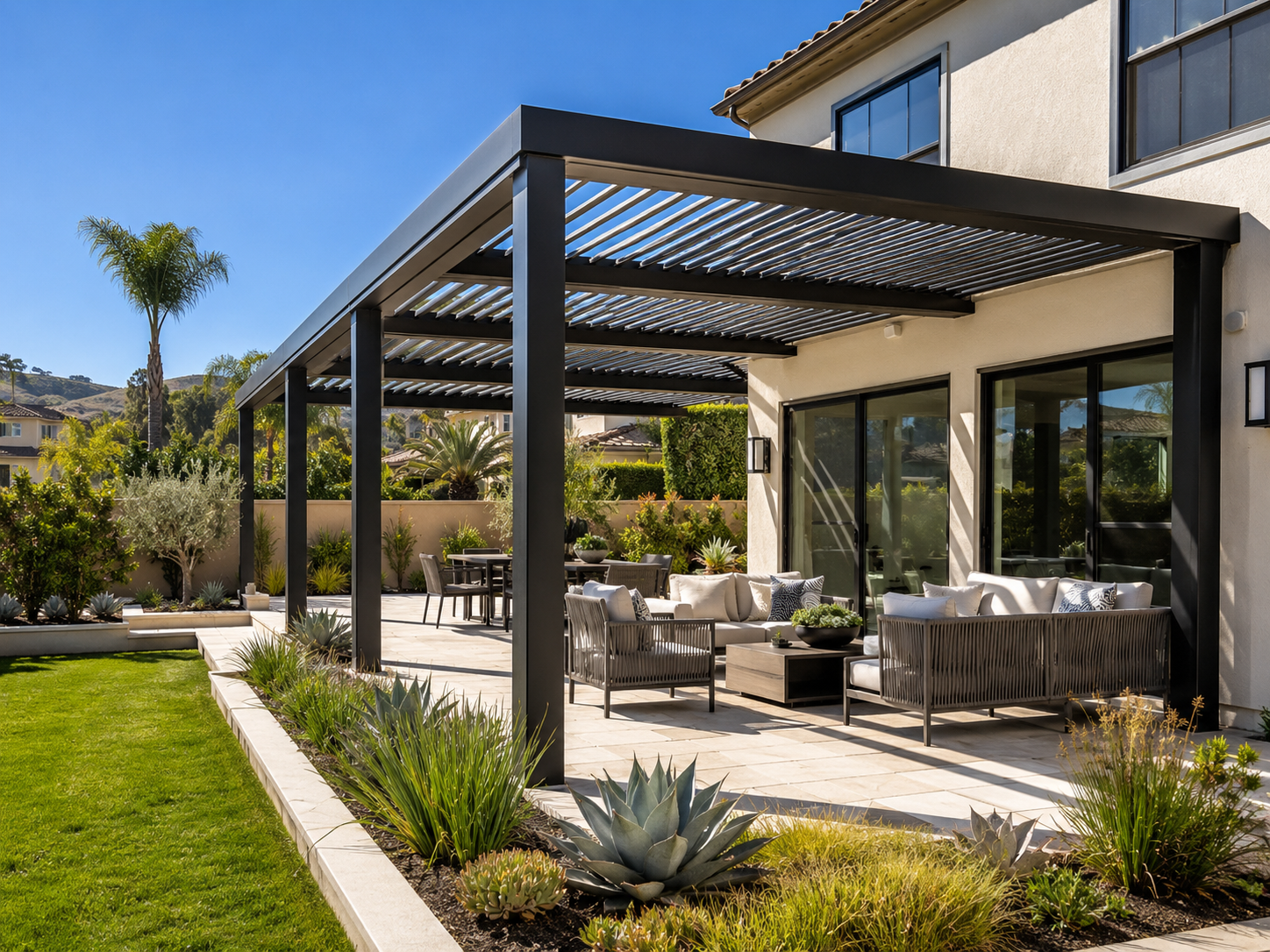pergola company in Irvine CA with modern aluminum pergola and patio cover for backyard shade