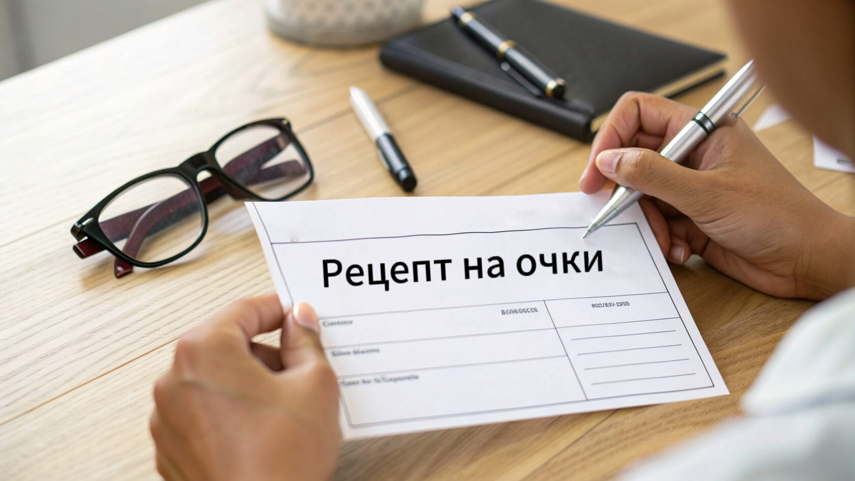 Проверка зрения и подготовка рецепта на очки, фото с очками, ручками и блокнотами на деревянном столе