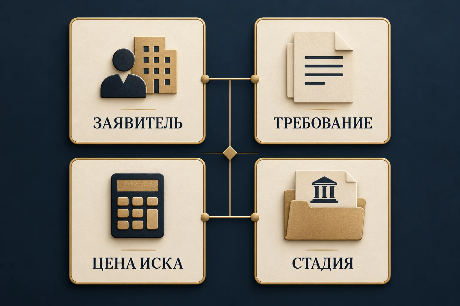 Концептуальная схема четырёх факторов расчёта госпошлины: заявитель, вид требования, цена иска и стадия процесса