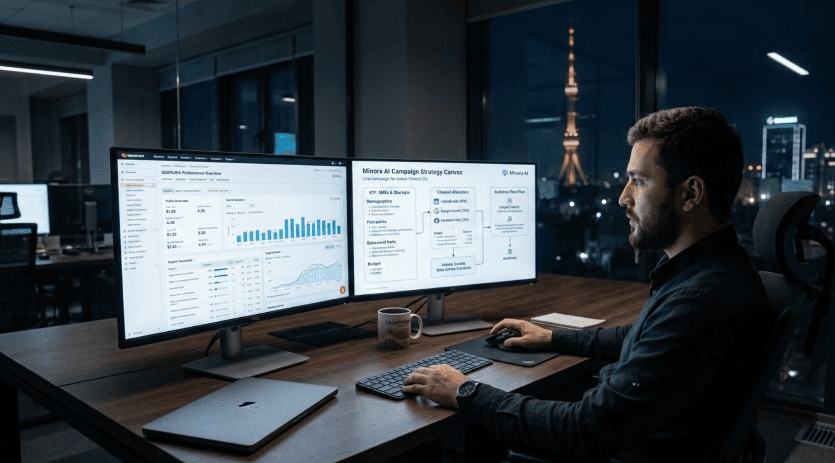A performance marketer in a Tashkent office comparing a raw SEO data dashboard on one screen against a Minora AI autonomous campaign strategy and launch interface on the other.