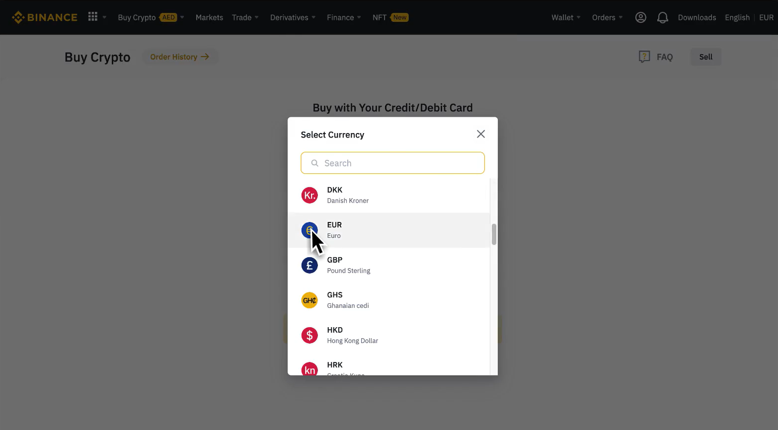 Binance web interface: the second step to buy BNB with a Credit or Debit card.