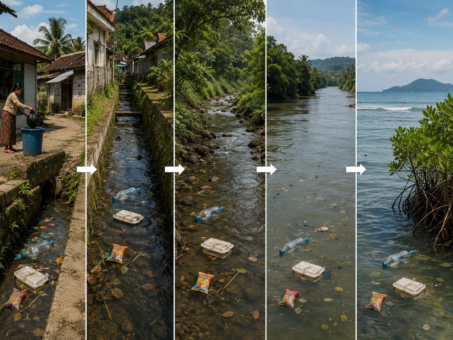 Perjalanan sampah plastik dari sungai menuju laut Indonesia