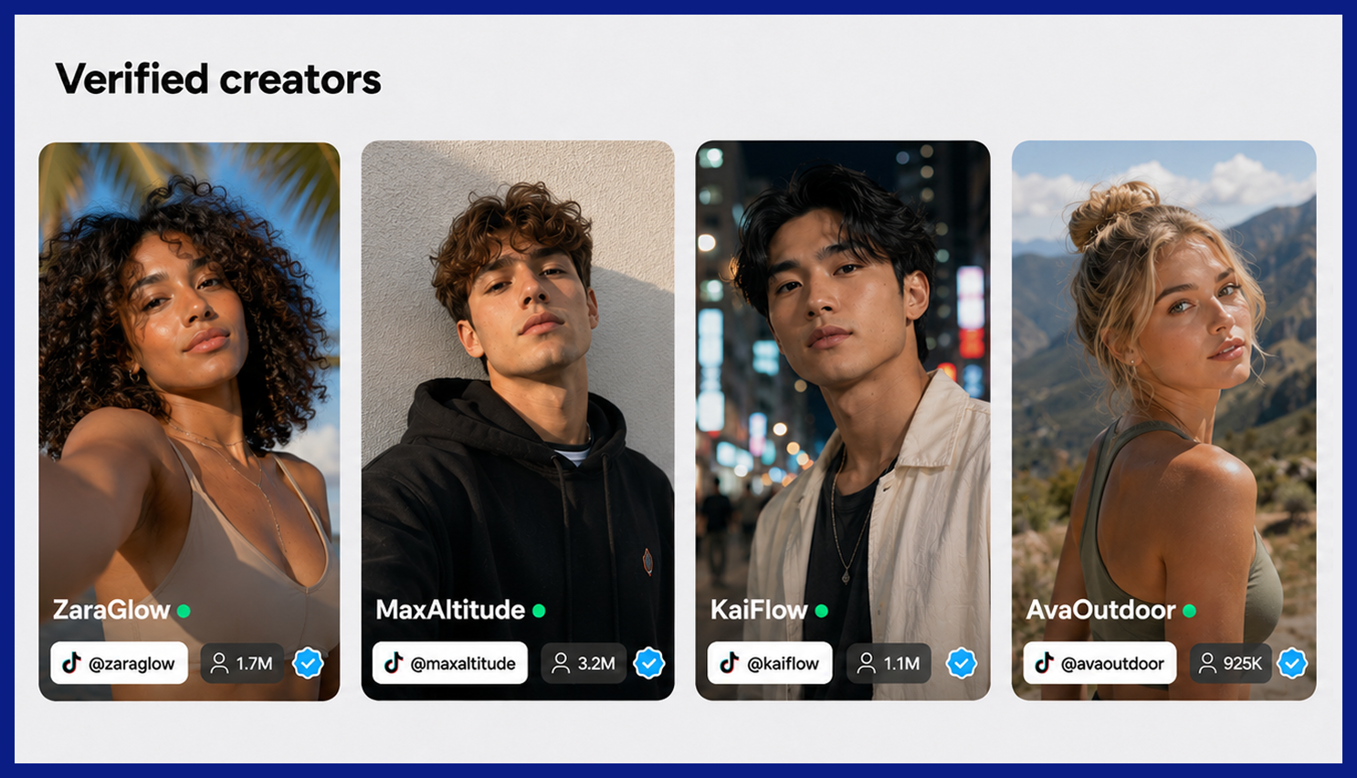 Illustrative examples of verified creator profiles on One2Fan with verification badges