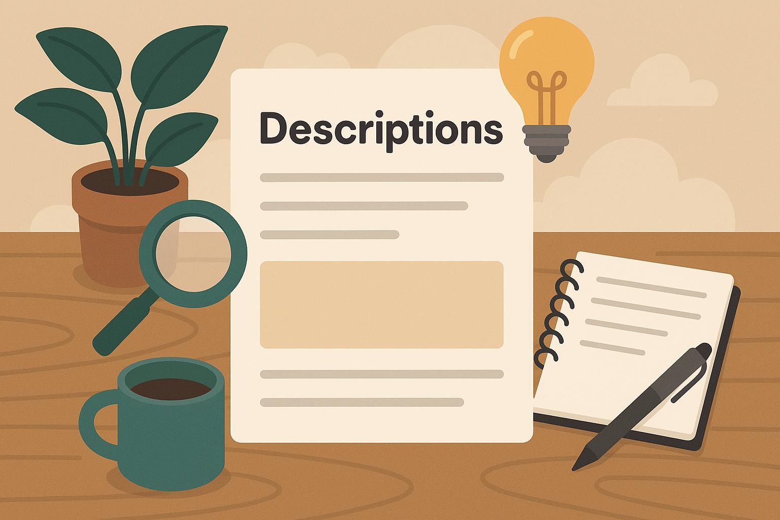 Рабочее пространство для написания description: документ с текстом, увеличительное стекло, блокнот, ручка, кружка с кофе и растение на светлом фоне