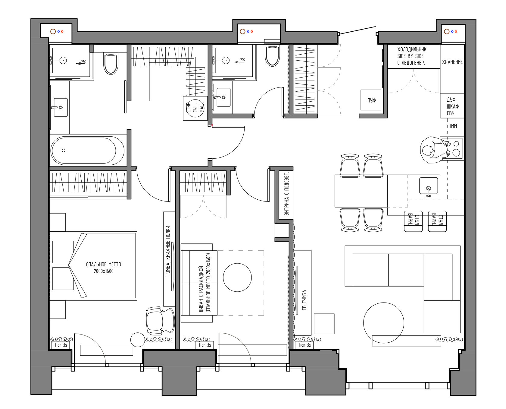 Планировка трехкомнатной квартиры с двумя санузлами и большой кухней