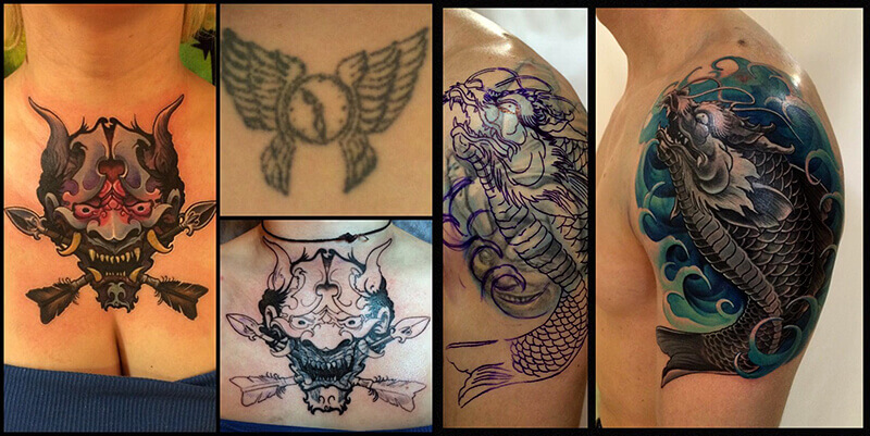 A practical application of Japanese style for covering up old, poor-quality tattoos, by Rinat Tattarin Mingazdinov, Los Angeles, West Hollywood