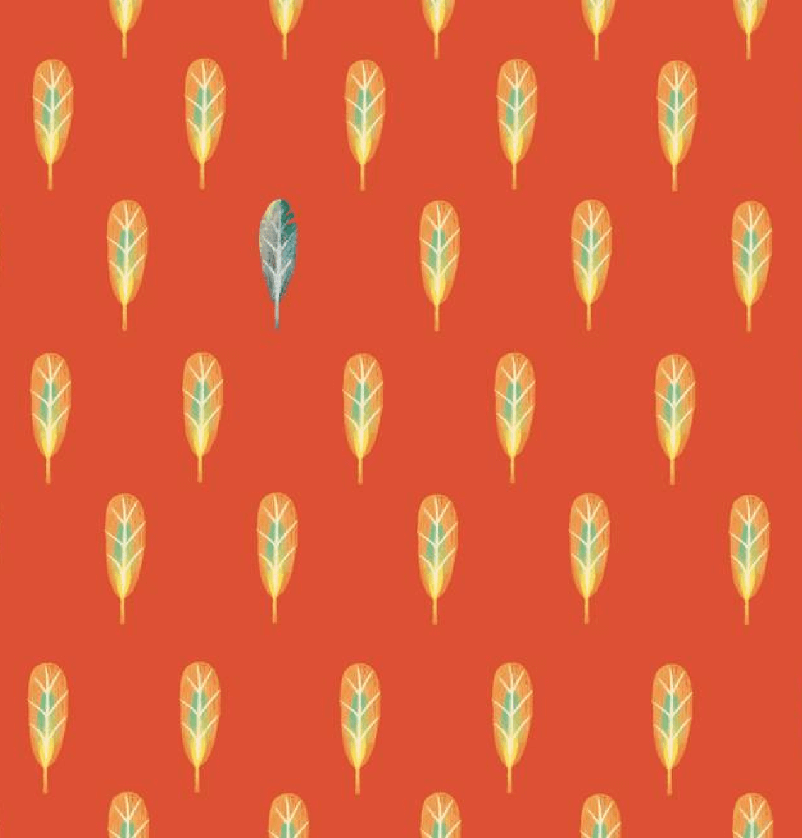 Паттерн с листьями для форзаца детской книги – на красном фоне повторяющиеся золотистые листья и один серый