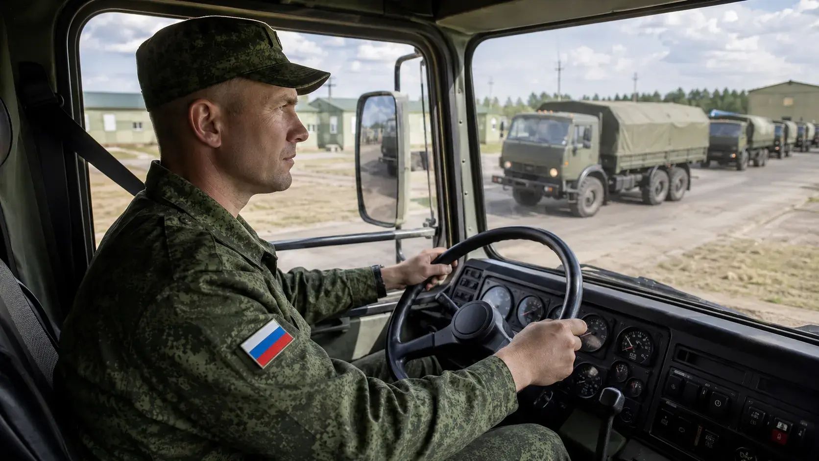 Военнослужащий-водитель за рулем грузового автомобиля