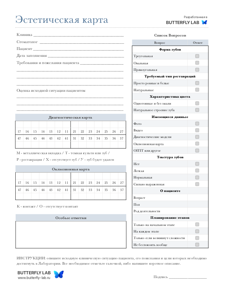 Карта эстетического обследования в стоматологии