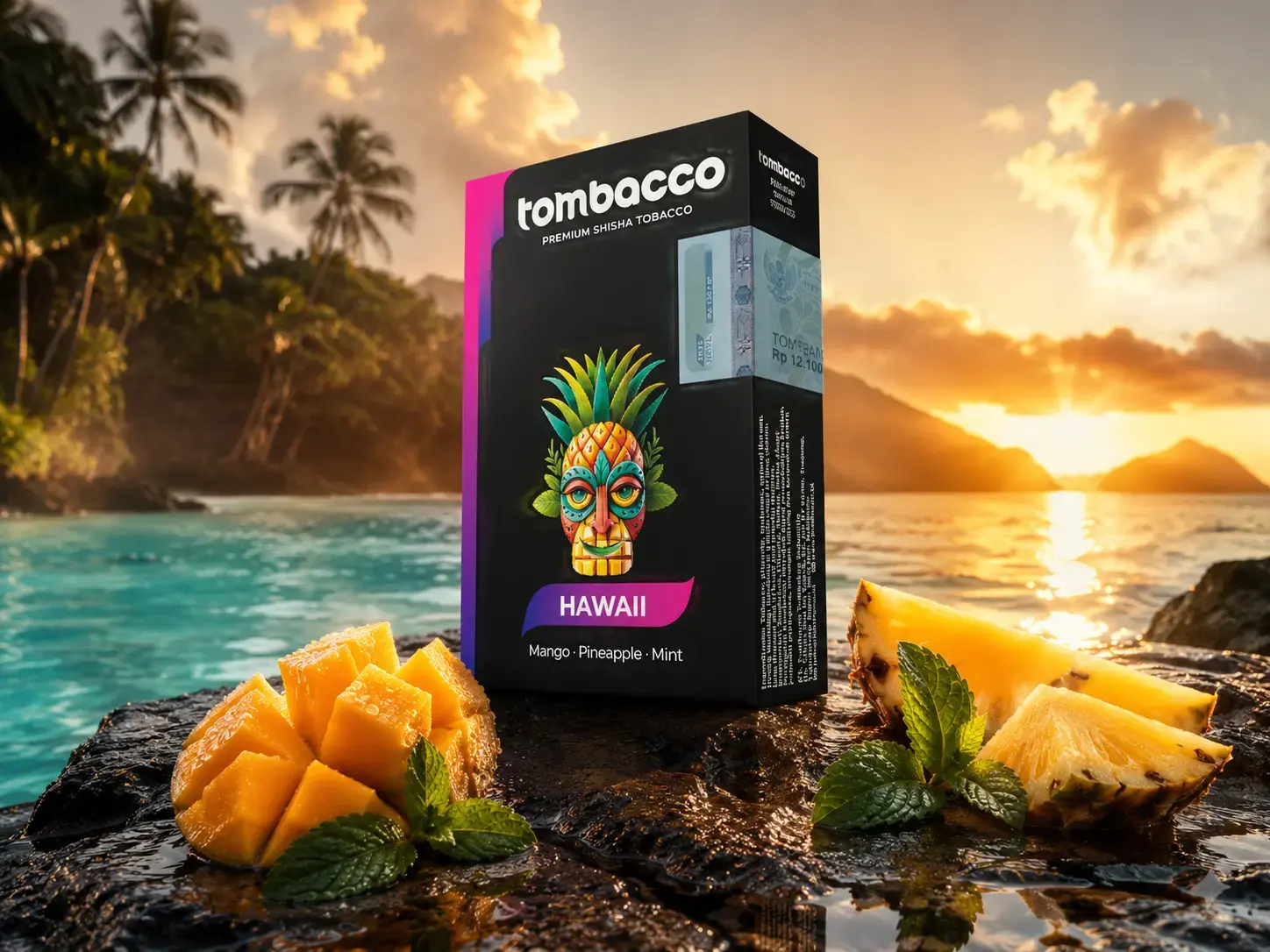 Tombacco Hawaii shisha box featuring a colorful tiki mask against a beautiful beach sunset, capturing the sweet and sour notes of mango and pineapple.
