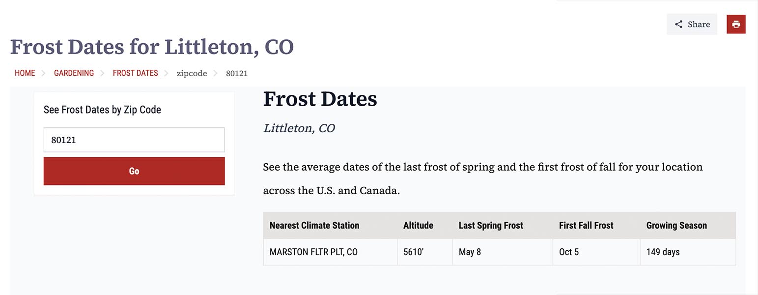 Frost dates information for Littleton, CO, including last spring frost on May 8 and first fall frost on October 5, with a growing season of 149 days.