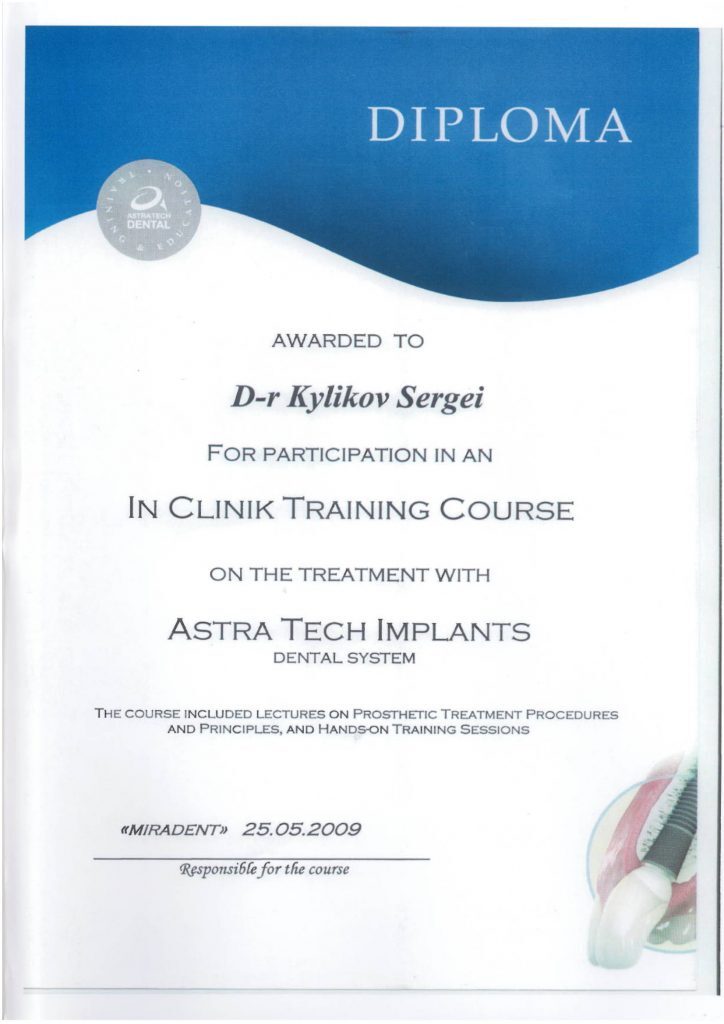 Диплом Astra Tech Implants — In Clinic Training Course