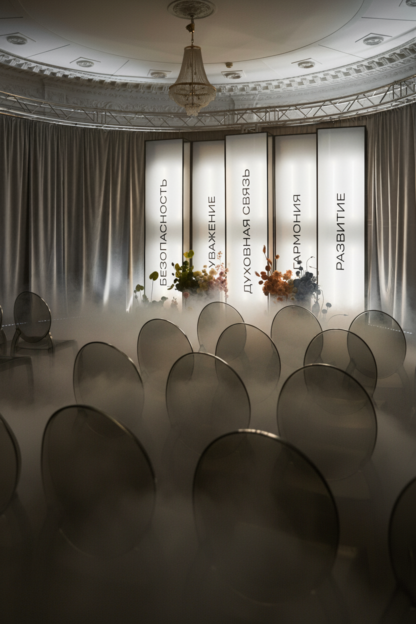 арка выездной церемонии с тяжелым дымом и блэкаут пространством