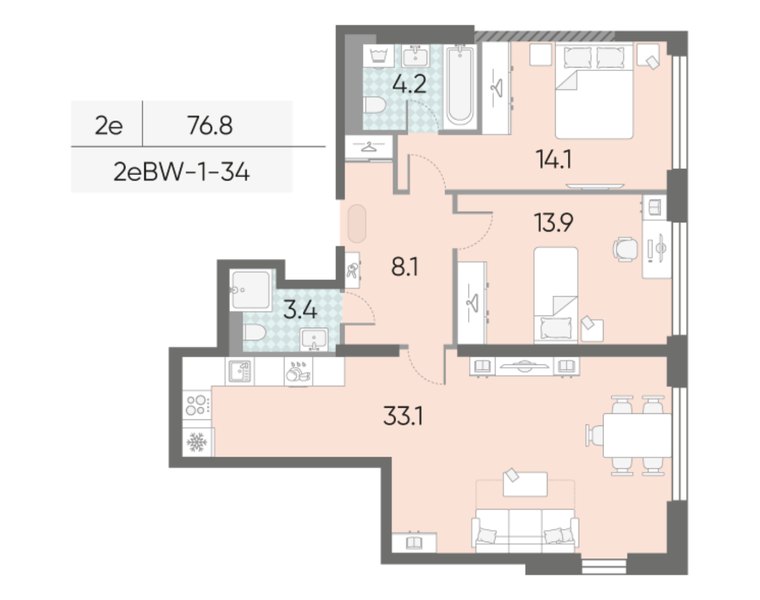 Планировка 2-комнатной евроквартиры 76,8 м² в ЖК «МАРК»: дом 33, 34-й этаж
